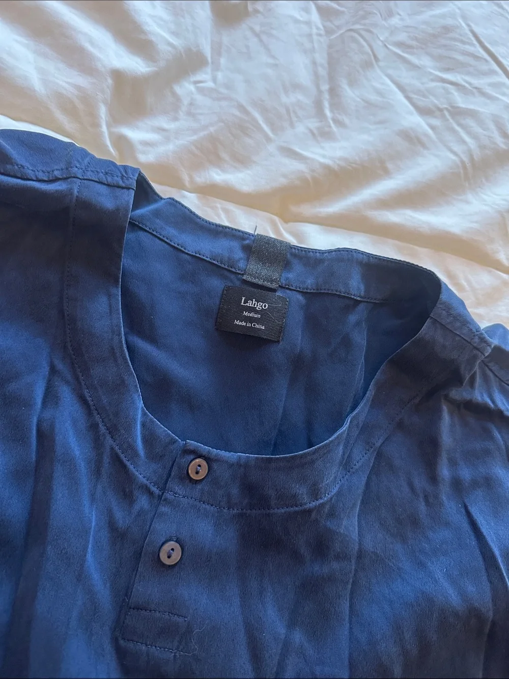 Lahgo Lunya Navy Blue Men's Henley Top  Silk Pajamas Set